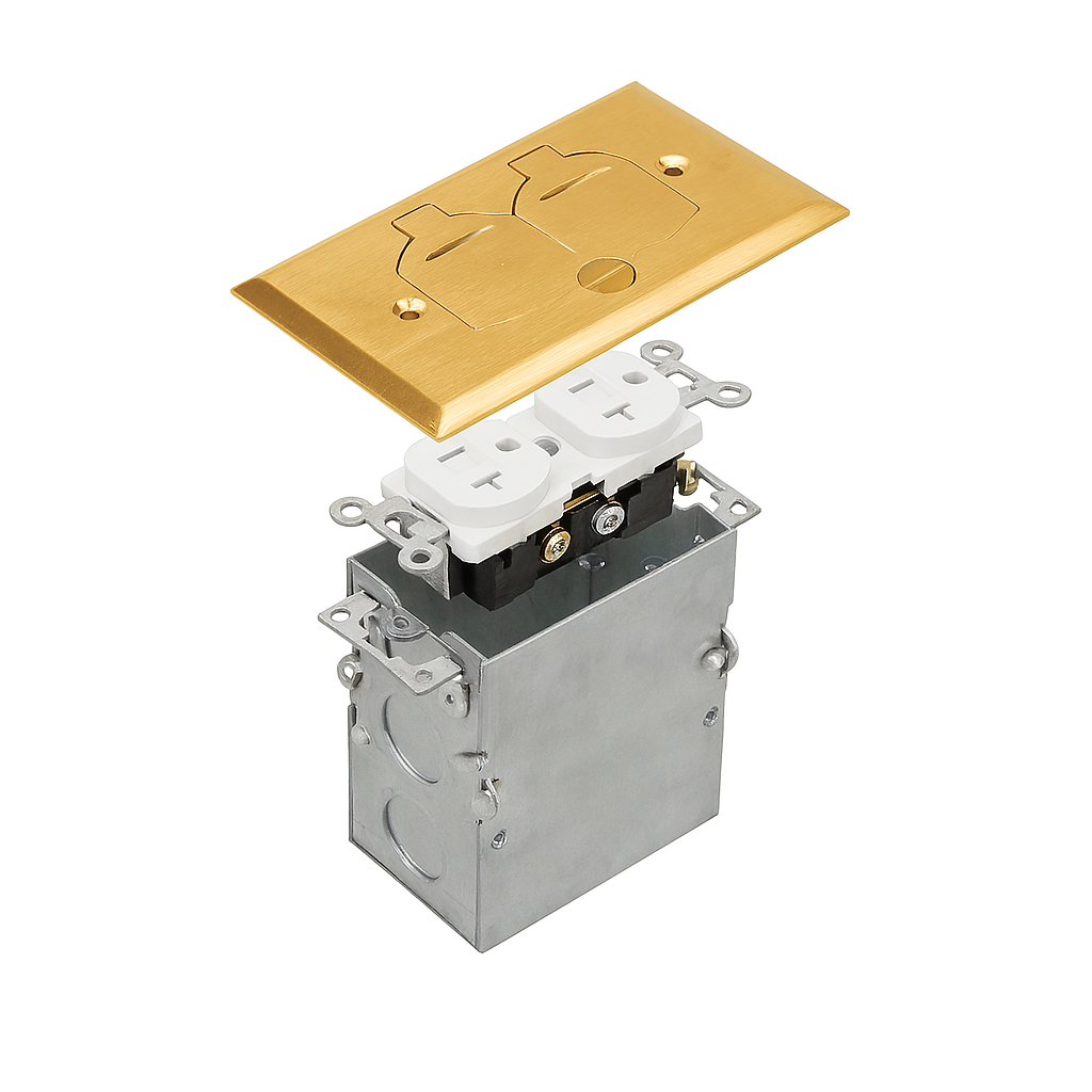 Malibu MapleBox™ RFB-1 One-Gang Recessed Floor Box with 20-Amp Duplex Receptacle – Brass & Stainless Steel Options