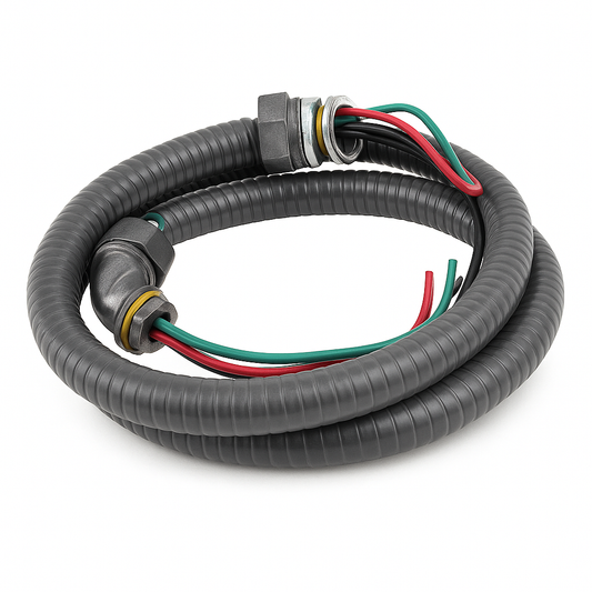 Malibu MW Power Whip Assembly Kit – 1/2" & 3/4" x 4ft/6ft Metallic Liquid Tight, 10 Gauge Wire, Flexible Electrical Conduit with Straight & 90° Fittings
