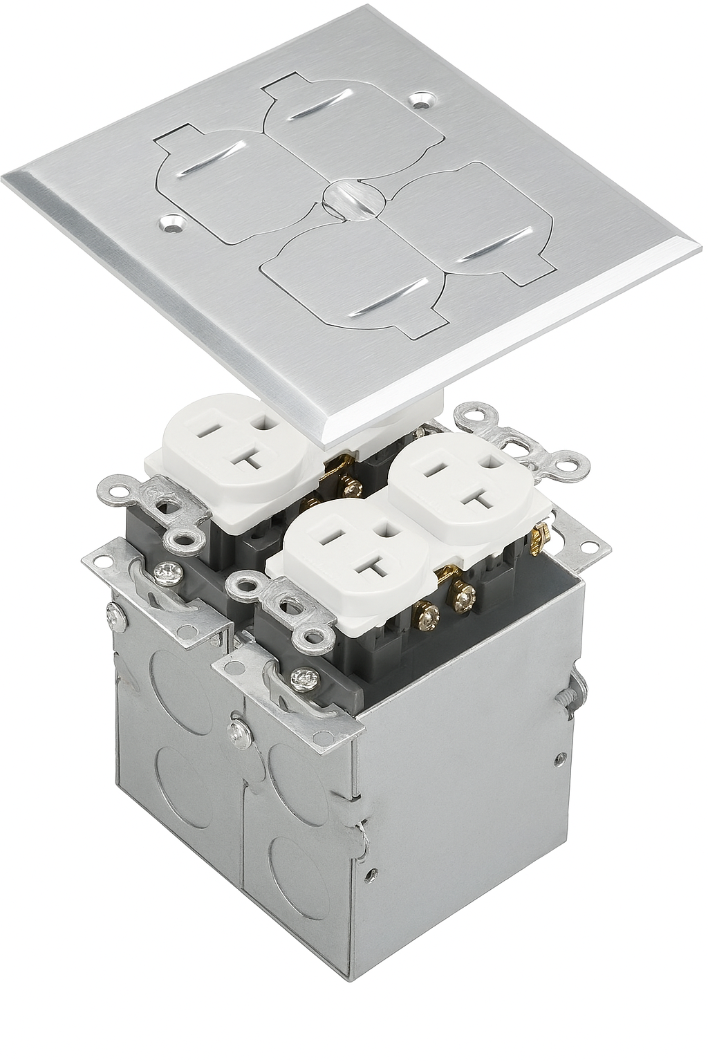 Malibu RFB-2 Two-Gang Recessed Floor Box with Duplex Receptacle – Brass & Stainless Steel Options
