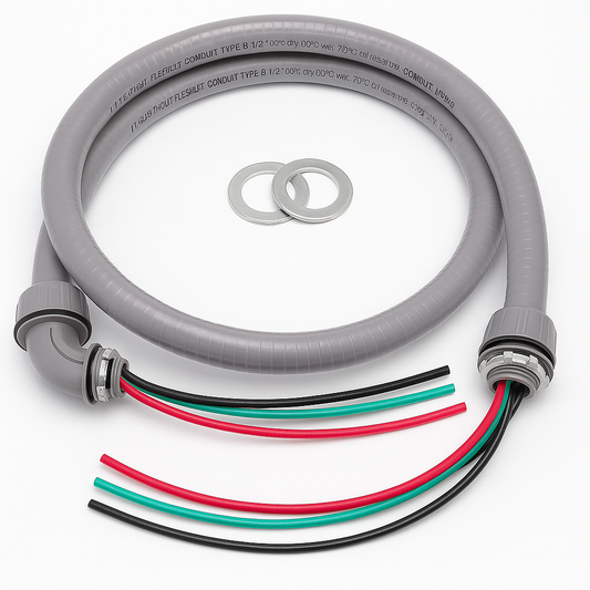 Malibu NMW Power Whip Assembly Kit – 1/2" & 3/4" x 4ft/6ft Non-Metallic Liquid Tight, 10 Gauge Wire, Flexible Electrical Conduit with Straight & 90° Fittings
