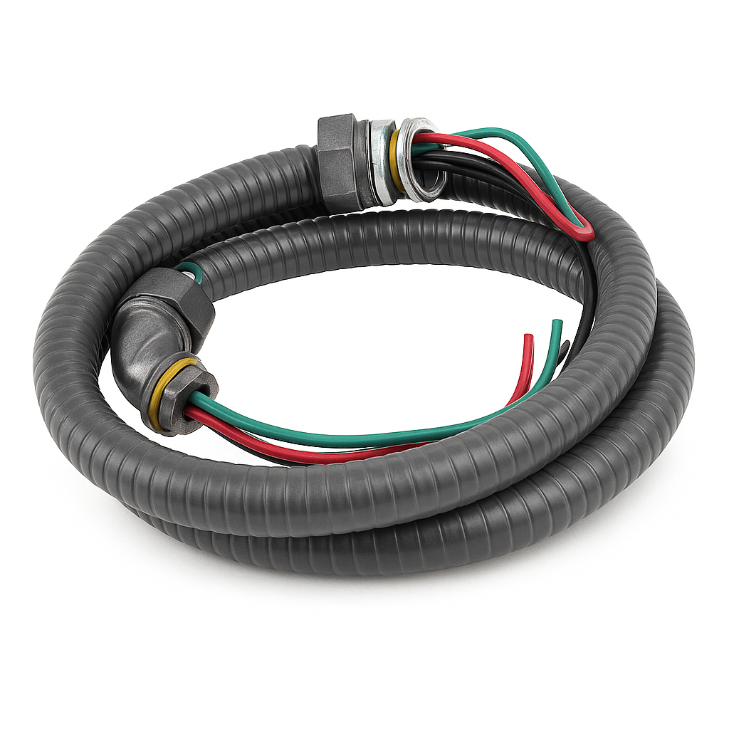 Malibu PowerSeal™ MW Power Whip Assembly Kit – 1/2" & 3/4" x 4ft/6ft Metallic Liquid Tight, 10 Gauge Wire, Flexible Electrical Conduit with Straight & 90° Fittings