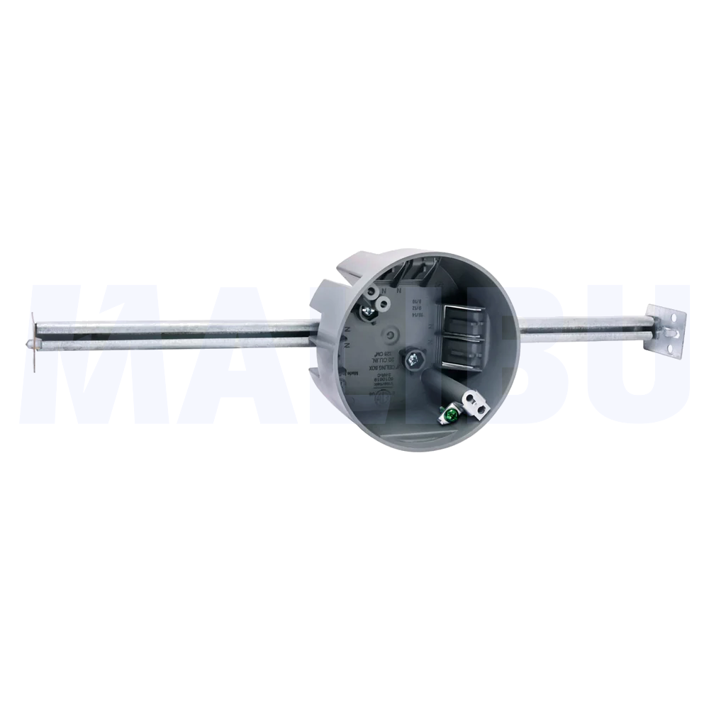 Malibu P4RBH-G Non-Metallic Four-Inch Round Ceiling Box with Bar Hanger and Ground - New Work, 20 Cubic