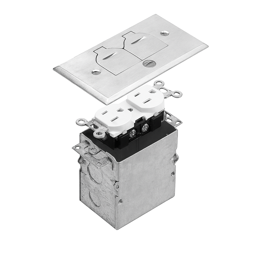 Malibu MapleBox™ RFB-1 One-Gang Recessed Floor Box with 20-Amp Duplex Receptacle – Brass & Stainless Steel Options